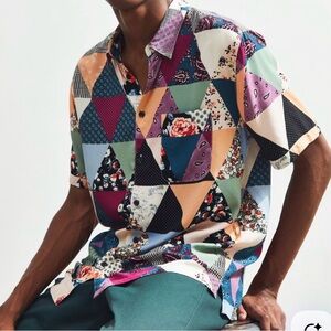 Urban Outfitters Triangle Floral Patchwork Quilt Short Sleeve Shirt Grandma